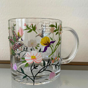 Hand Painted Clear Glass Mug Multicolored Floral Rhinestone Hummingbird New